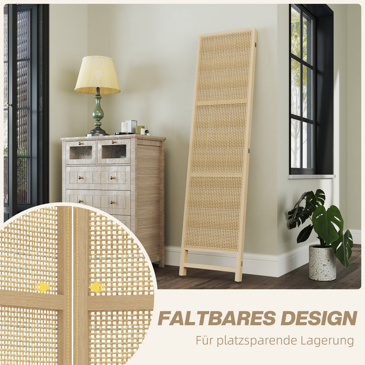 Kamerscherm – Roomdivider – Scheidingswand – Ruimteverdeler – Room Screen – Natuurlijke 3-Delige Kamerscherm – 180 cm Breed – Handgeweven Design – Inklapbaar & Vrijstaand