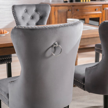 Velours Eetkamerstoelen – Stoelen Set – Lounge Stoelen – Keukenstoelen – Slaapkamerstoelen – Grijs Velours – Eikenhouten Poten – Vintage Knopbeslag