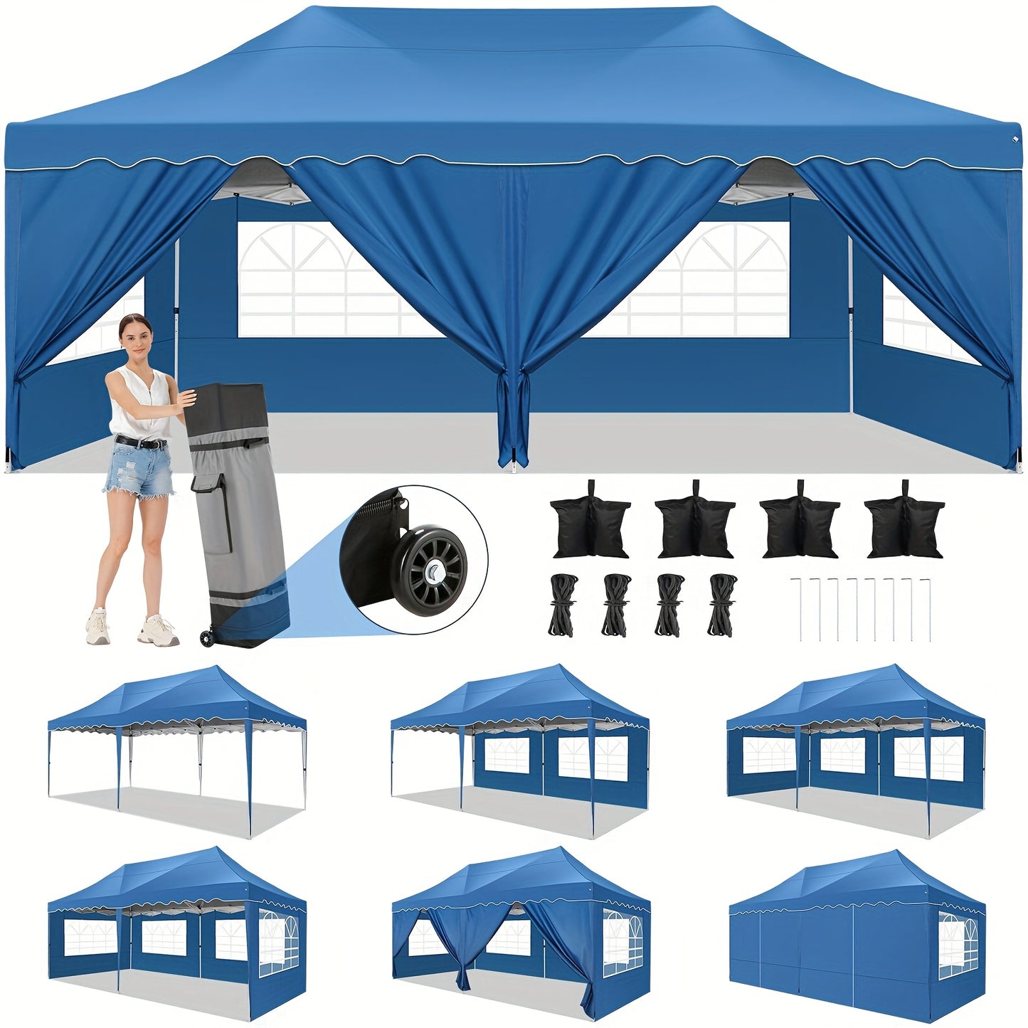 Partytent – Feesttent – Tuintent – Paviljoen – Canopy – 3x6 Meter – Waterdicht Met 6 Zijwanden – Draagbare Tent Met Wieltjes