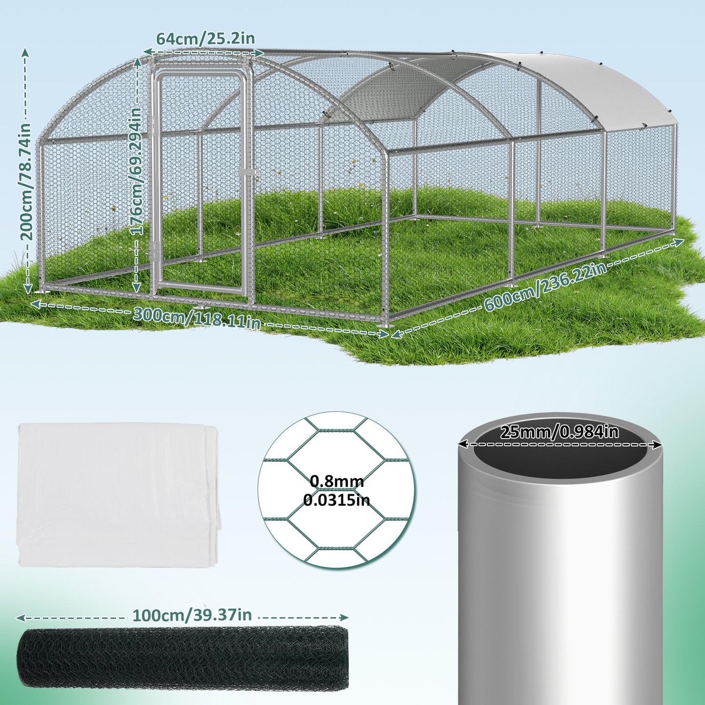 Chicken Coop Free-Range Enclosure, 3X2X2M/3X4X2M/3X6X2M/3X8X2M Galvanized Steel, Chicken House Dome Roof with Lock And Pe-Colored Tarpaulin, Easy to Clean, for Chicken Cage Bird Cage.