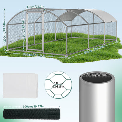 Chicken Coop Free-Range Enclosure, 3X2X2M/3X4X2M/3X6X2M/3X8X2M Galvanized Steel, Chicken House Dome Roof with Lock And Pe-Colored Tarpaulin, Easy to Clean, for Chicken Cage Bird Cage.
