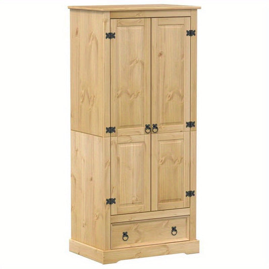 Houten Kledingkast – Vrijstaande Kast – Garderobekast – Opbergkast – Kledingopberger – Massief Dennenhout – Compact Formaat – 2 Planken & Hangroede – Natuurlijke Bruintint