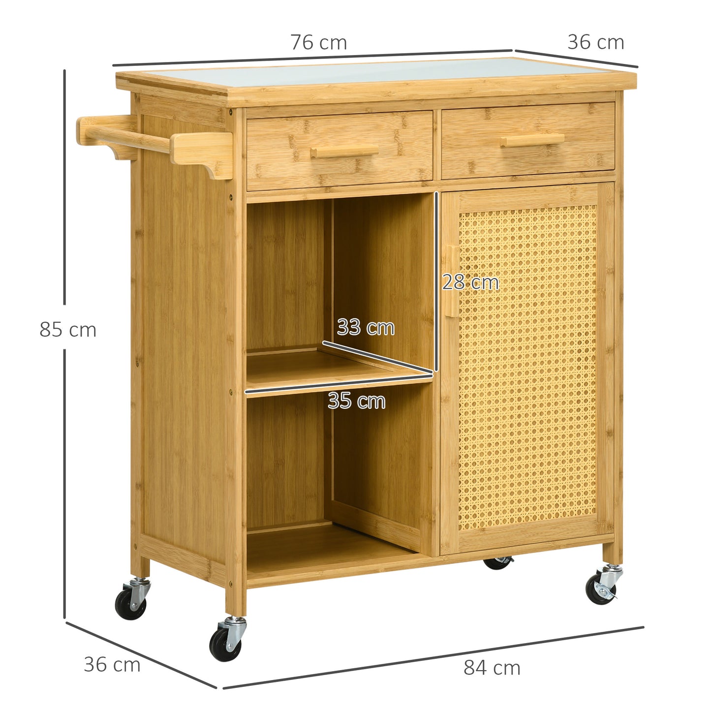 Keukentrolley – Keukenwagen – Serveerwagen – Opbergwagen – Rolwagen – Natuurlijk Bamboe – Met Glas Werkblad – 84x36x85 cm
