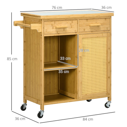 Keukentrolley – Keukenwagen – Serveerwagen – Opbergwagen – Rolwagen – Natuurlijk Bamboe – Met Glas Werkblad – 84x36x85 cm
