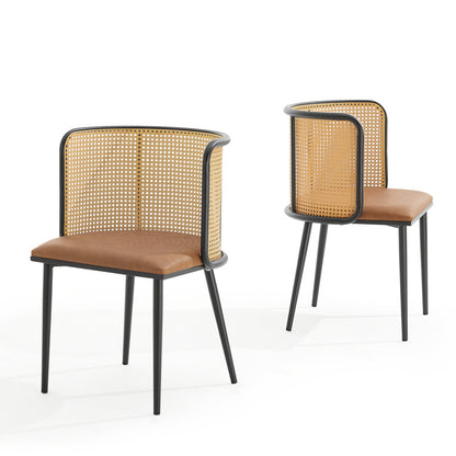 Eetkamerstoel – Stoel – Kuipstoel – Meubel – Woonkamerstoel – Set van 2 – Rattan Rugleuning – Kunstleer Bekleding – Stevig Metalen Frame – Hoge Zitcomfort