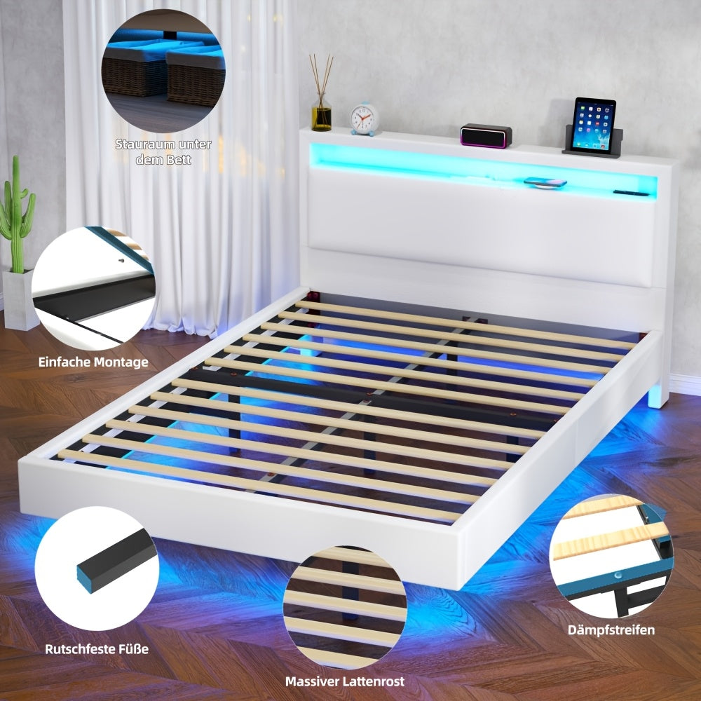 Zwevend Bedframe – Modern Bed – Platformbed – Slaapkamerbed – Gestoffeerd Bed – 140x200 cm – LED-Verlichting – Geluidloze Lattenbodem