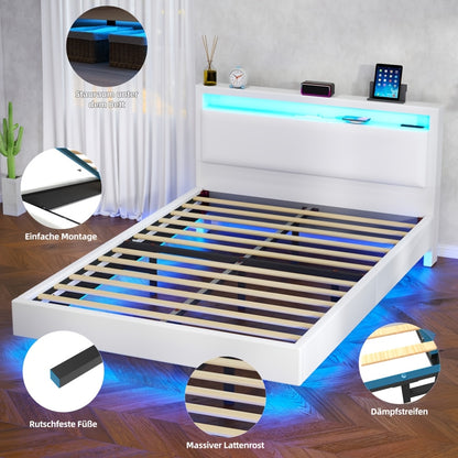 Zwevend Bedframe – Modern Bed – Platformbed – Slaapkamerbed – Gestoffeerd Bed – 140x200 cm – LED-Verlichting – Geluidloze Lattenbodem