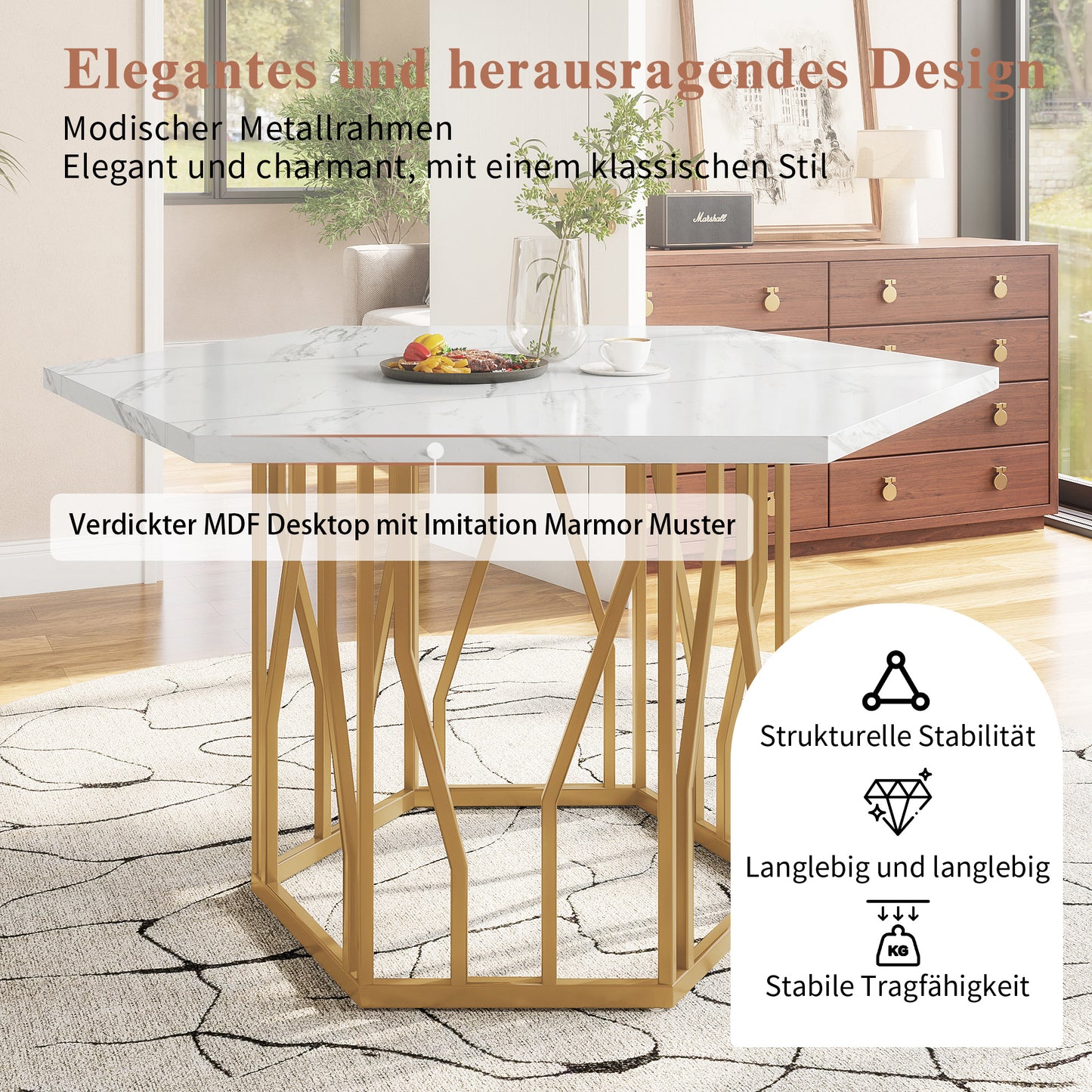 BTM Modern Hexagon Dining Table 115.5×100×75 cm, Marble-Look MDF Tabletop, Geometric Design Kitchen Table for Living Room & Kitchen, Golden