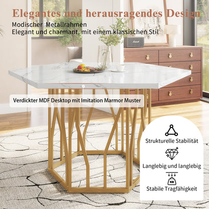 BTM Modern Hexagon Dining Table 115.5×100×75 cm, Marble-Look MDF Tabletop, Geometric Design Kitchen Table for Living Room & Kitchen, Golden