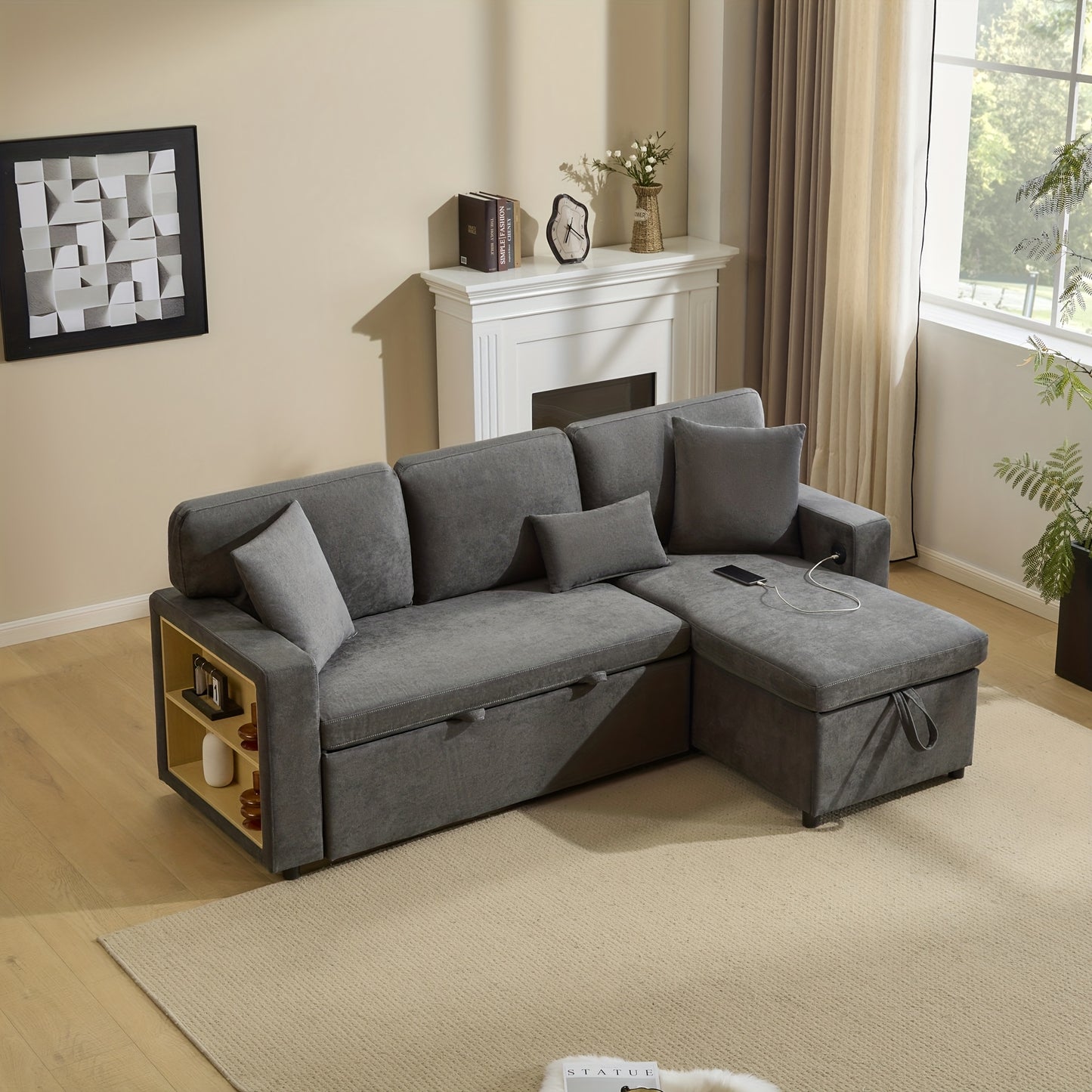 Hoekbankbed – Slaapbank – L-vormige Bank – Bedbank – Slaapbankbed – Lichtbeige Linnen – Opbergruimte – Compact & Comfortabel