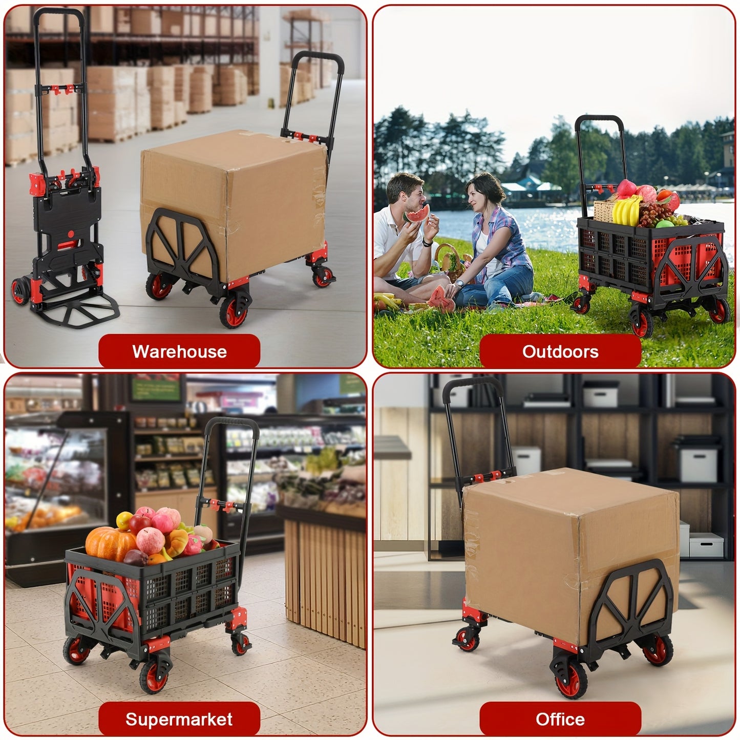 2-in-1 Trolley – Vouwbare Kar – Handwagen – Veldtransporter – Boodschappentrolley – Telescopische Handgreep – Max Draagkracht 150 kg – Ruime Laadruimte Rood