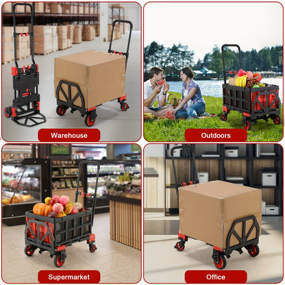 2-in-1 Trolley – Vouwbare Kar – Handwagen – Veldtransporter – Boodschappentrolley – Telescopische Handgreep – Max Draagkracht 150 kg – Ruime Laadruimte Rood