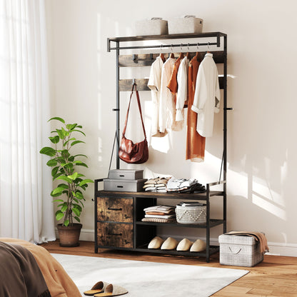 6-in-1 Coat Rack with Shoe Shelf, Industrial Style, 10 Hooks, 2 Fabric Drawers, Metal, Brown