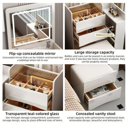 Kaptafel – Make-uptafel – Schminktisch – Toilettafel – Opbergmeubel – 3-in-1 Design Met Inklapbare Spiegel – Temperatuurbestendig Glazen Blad Wit