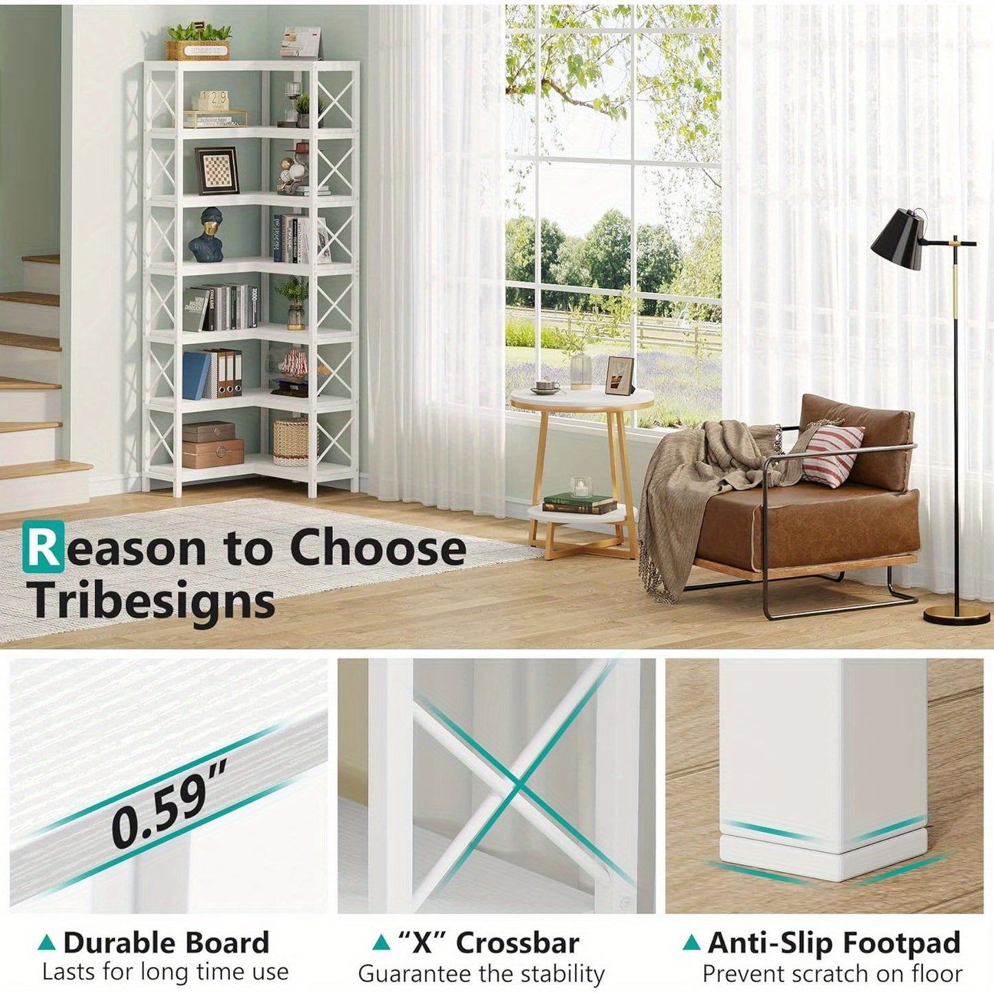 Hoekboekenkast – Hoekrek – Boekenplank – Opbergkast – Vakkenkast – Industrieel Design – 7-laags – Stevig Metalen Frame – Wit – 69 cm Hoog – Max. 22,68 kg Belastbaar Per Plank