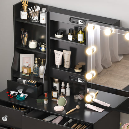Make-up Tafel – Kaptafel – Schminktafel – Make-up Bureau – Make-up Organizer – Zwart – 6 Lades & Opbergruimte – Instelbare LED Verlichting met 3 Lichtkleuren