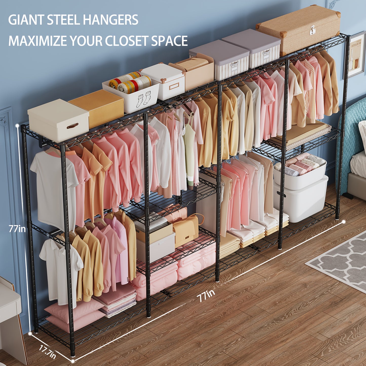 Kledingrek Heavy Duty – Garderobekast – Kledingorganizer – Stellingkast – Kledinghanger – Extra Groot 4 Kolommen 4 Lagen – Modulaire Carbon Stalen Frame – 498,95 KG Draagvermogen – 11 Planken Met Afdekhoes