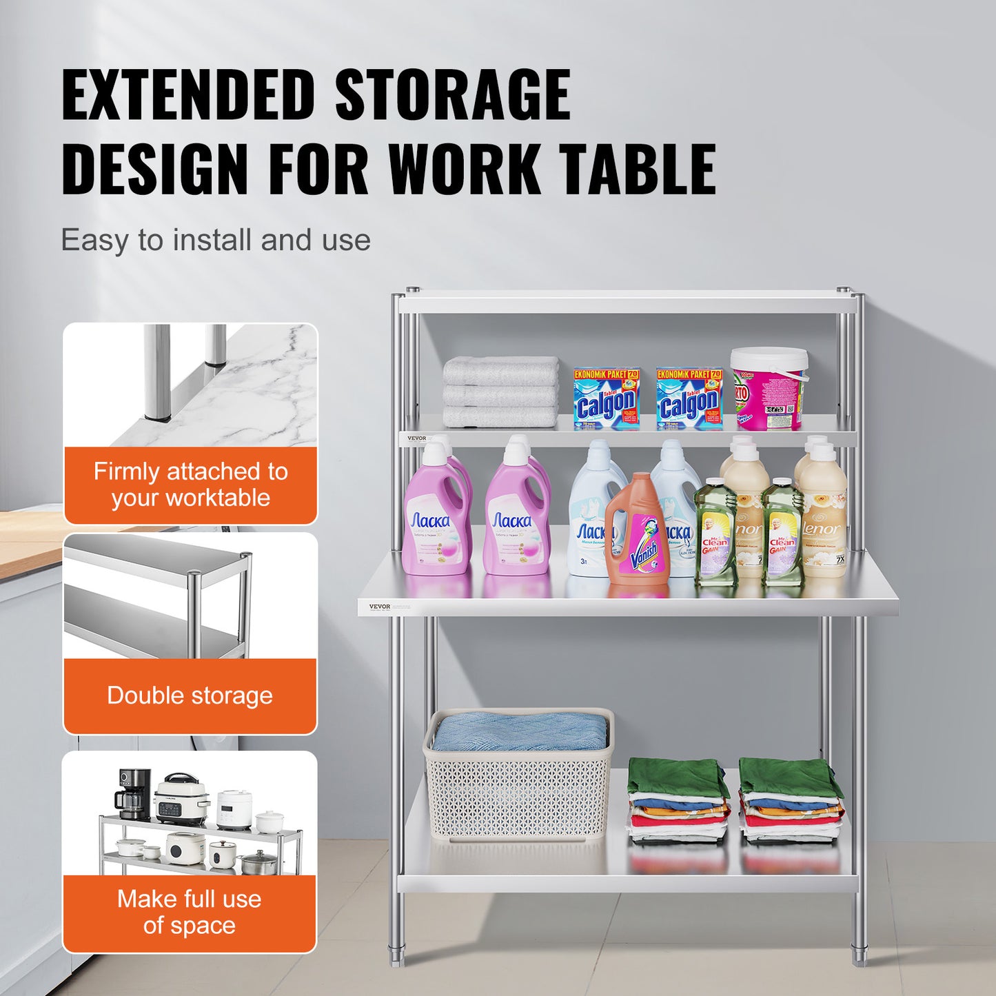 RVS Werktafel – Werkbank – Keukentafel – Werkblad – Werkplek – Verstelbare Dubbele Legplank – Roestvrij Staal 12"x48"