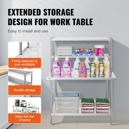 RVS Werktafel – Werkbank – Keukentafel – Werkblad – Werkplek – Verstelbare Dubbele Legplank – Roestvrij Staal 12"x48"