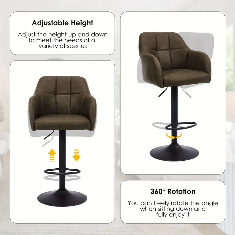 Barkruk – Barstoel – Keukenstoel – Barkrukken Set – Barstoelen Set – Verstelbaar – Draaibaar 360° – Met Armleuningen – Met Memory Foam Zitting – Zwaar Metalen Frame – Bruin Stof – Set van 2