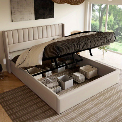 Opbergbed – Opbergbed Met Hydraulische Lift – Bed Met Opbergruimte – Gestoffeerd Bed – Slaapbed – 180x200 cm – Stevig Metalen Frame – Beige Linnen Bekleding