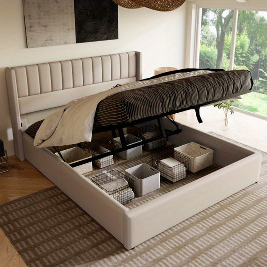 Opbergbed – Opbergbed Met Hydraulische Lift – Bed Met Opbergruimte – Gestoffeerd Bed – Slaapbed – 180x200 cm – Stevig Metalen Frame – Beige Linnen Bekleding