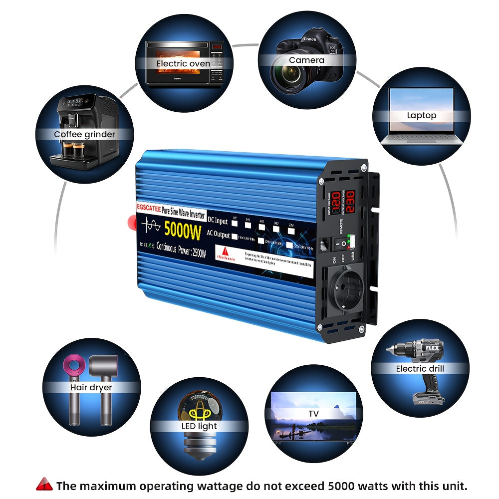 5000W Omvormer – Spanningsomzetter – Stroomomzetter – DC naar AC Converter – Power Inverter 24V – Pure Sinusgolf – Overbelastingsbeveiliging – Thermoregulerende Ventilator