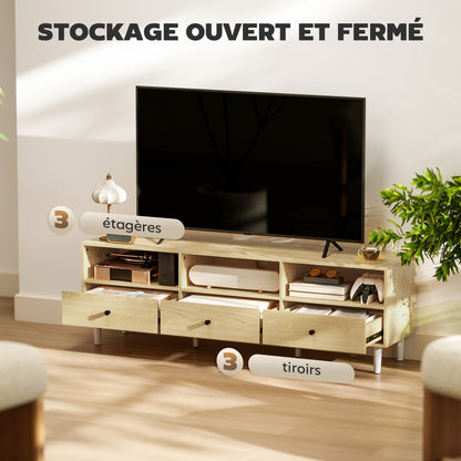 Tv-meubel – Televisiekast – Mediameubel – TV Kast – TV Dressoir – Houtlook Spaanplaat – 140x34x45 cm – Kabelbeheer – 3 Laden & 3 Open Vakken