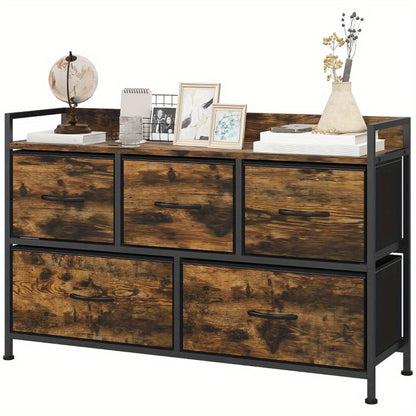 Ladekast – Ladenkast – Commode – Opbergkast – Dressoir – 5 Stoffen Lades – Robuust Stalen Frame – Industrieel Design – Compact 98x29x63 cm