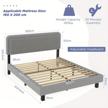 Bedframe – Tweepersoonsbed – Platformbed – Ledikant – Slaapbank – Gestoffeerd Hoofdbord – 160x200 cm – Stevige Houten Lattenbodem