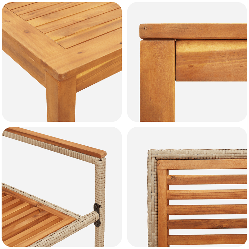 Tuinmeubelset – Tuinset – Loungeset – Zitgroep – Balkonset – Beige Polyrattan en Acaciahout – Stapelbare Stoelen met Kussens – Tafel 50x50 cm