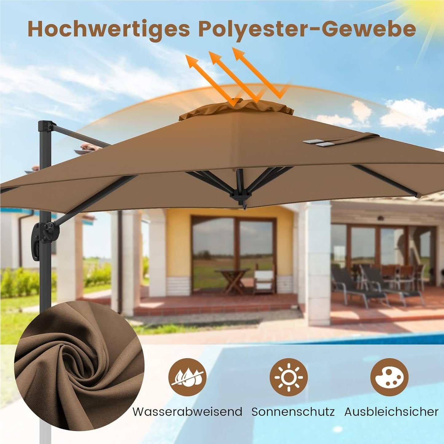 Parasol – Tuinparasol – Zweefparasol – Balkonparasol – Stokparasol – Ø 300 cm – Kantelbaar & 360° Draaibaar – UV-bestendig Polyester – Robuuste Aluminium Frame – Bruin