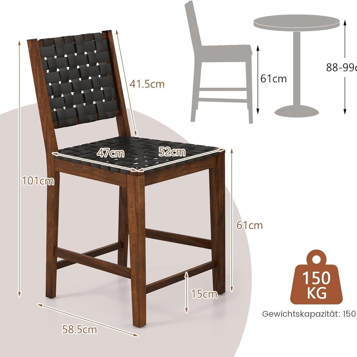 Eetkamerstoel – Keukenstoel – Bistrostoel – Stoel – Zitkruk – Met Gevlochten Kunstleren Rugleuning – Houten Frame – Zithoogte 61 cm – Draagvermogen 150 kg