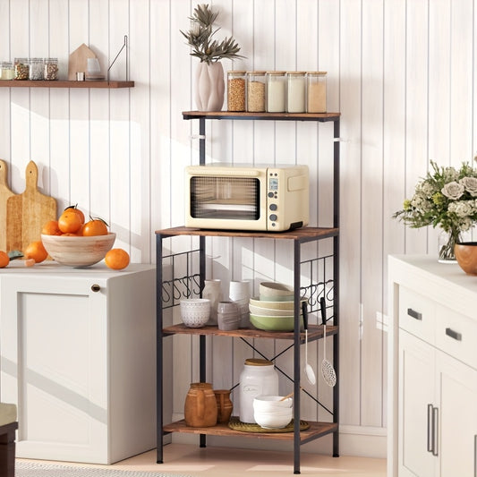 Keukenkastje – Keukenrek – Opbergkast – Voorraadkast – Staande Kast – 4 Laags – IJzeren Frame – Werkbank Met 8 Haken – Bruin Zwart – Stevig – Eenvoudig Te Monteren