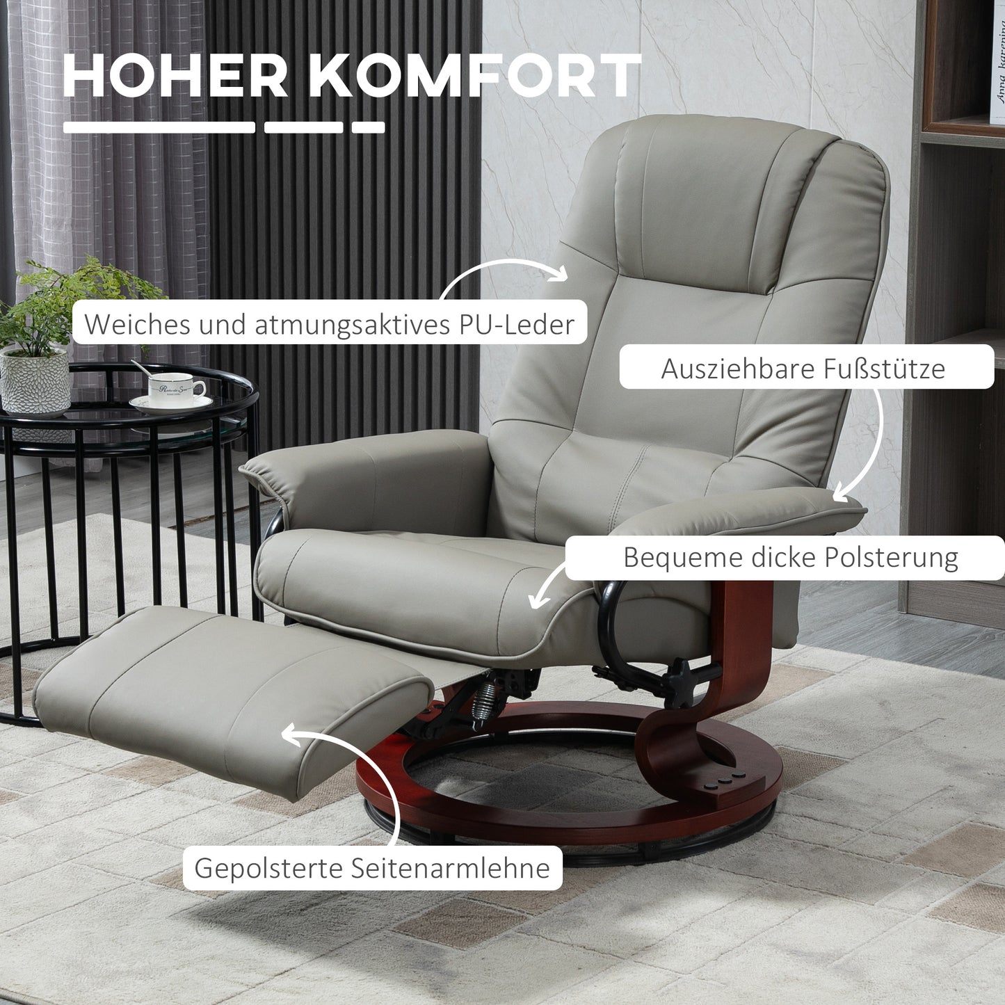 Relaxstoel – Fauteuil – Lounge Stoel – Draaifauteuil – TV Stoel – 360° Draaibaar – Verstelbare Rugleuning 145° – Kunstleer Grijs 78x87x100 cm
