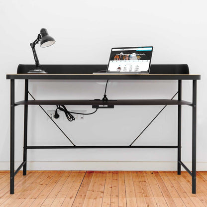 Bureau – Werktafel – Schrijftafel – Computertafel – Laptoptafel – 120x50 cm – Metaal Met Houten Blad – 2 Schuko Stopcontacten + 2 USB Poorten