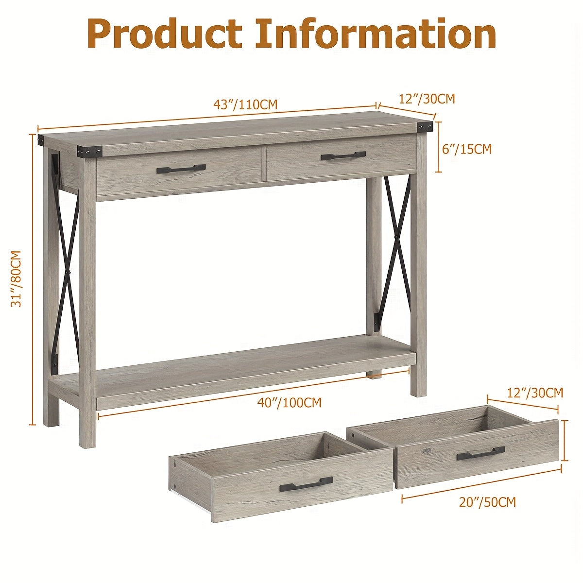 Farmhouse Sidetable – Haltafel – Console Tafel – Sofa Tafel – Sidetable met Lade – Grijs – MDF & Metaal – Compact Ontwerp 110x30 cm