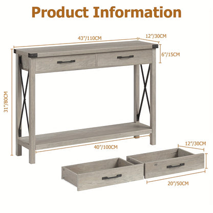 Farmhouse Sidetable – Haltafel – Console Tafel – Sofa Tafel – Sidetable met Lade – Grijs – MDF & Metaal – Compact Ontwerp 110x30 cm