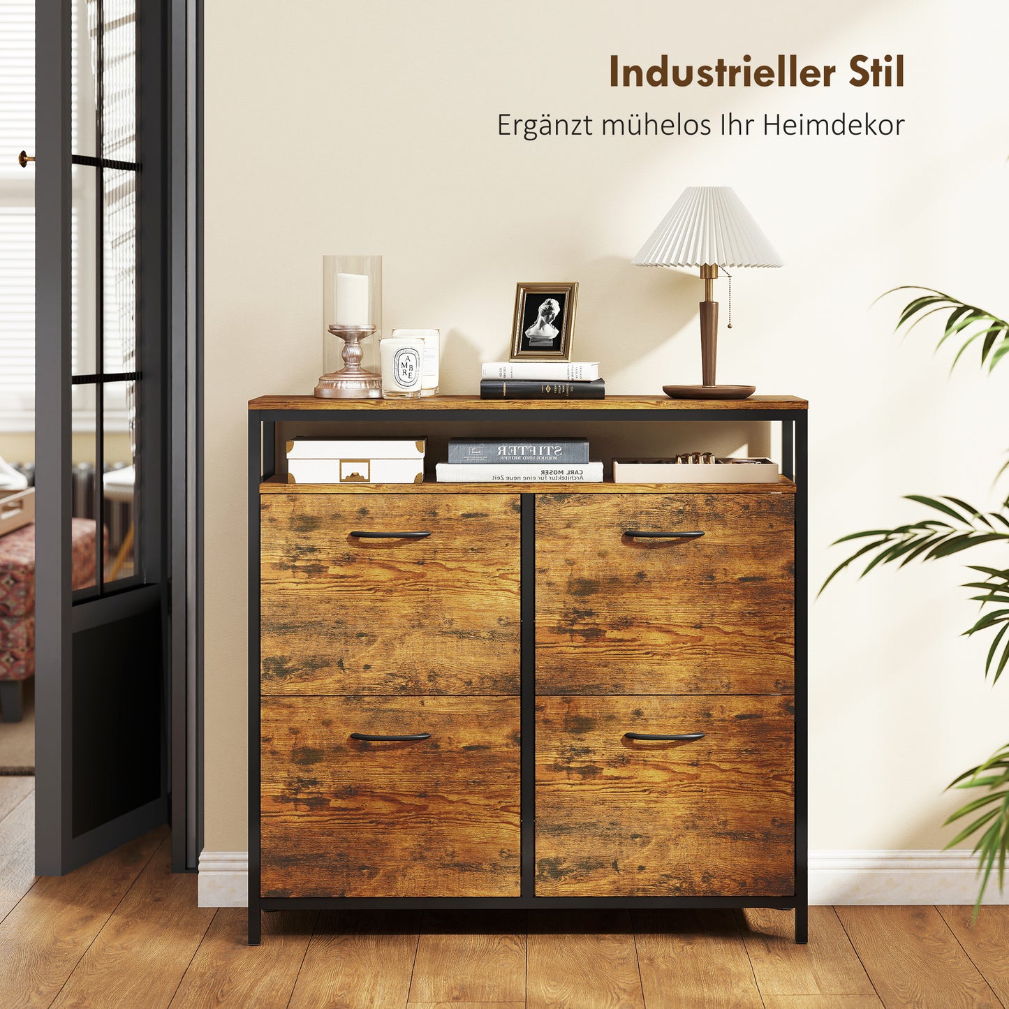 Schoenenkast – Schoenenrek – Schoenenopberger – Schoenendisplay – Schoenenmeubel – Rustic-Bruin – Smal Ontwerp – 4 Opvouwbare Lades