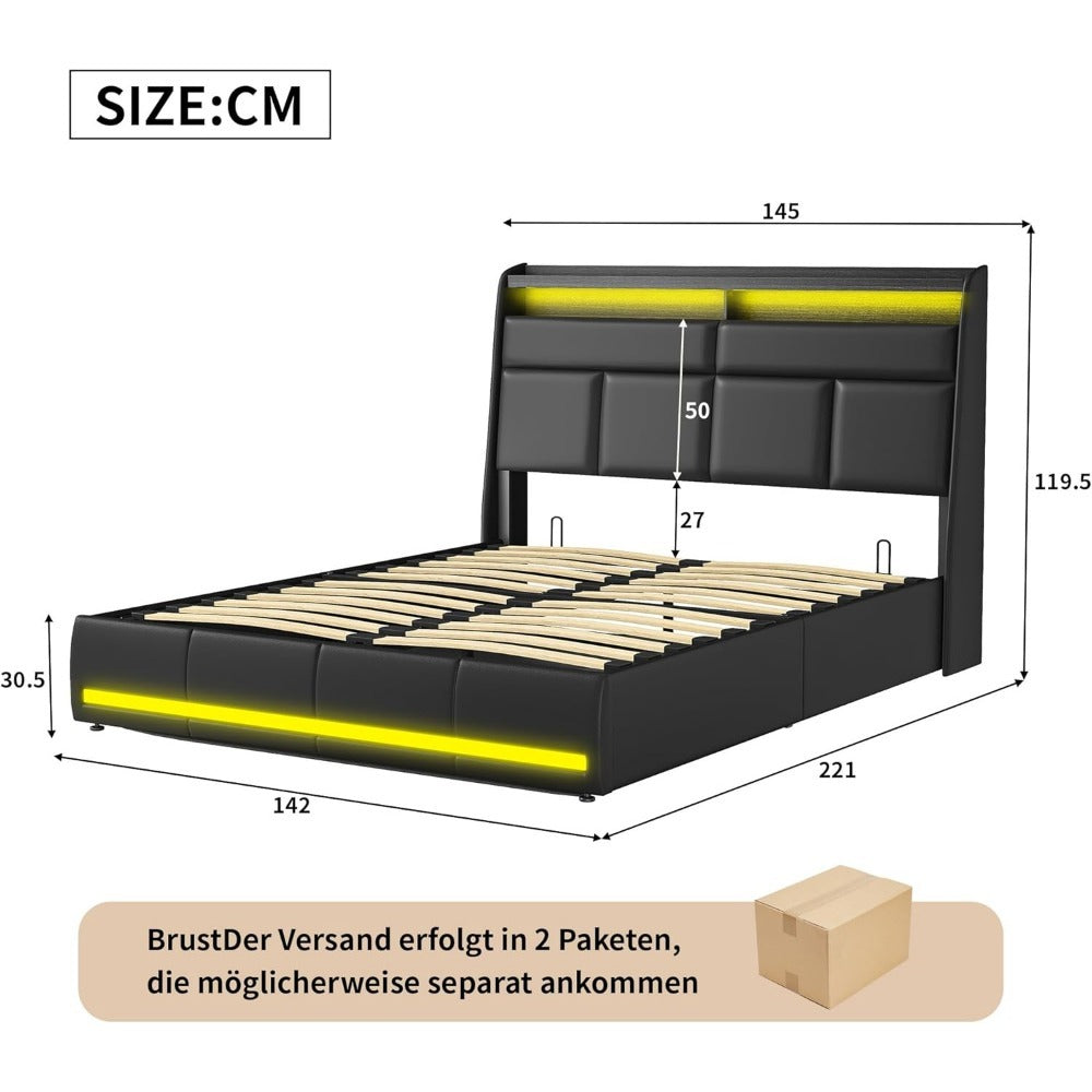 Opbergbed – Bed Met Opbergruimte – Tweepersoonsbed – Bedframe Met Hoofdbord – Stalen Onderstel – Afmeting 140x200 cm – Modern Design – PU Bekleding