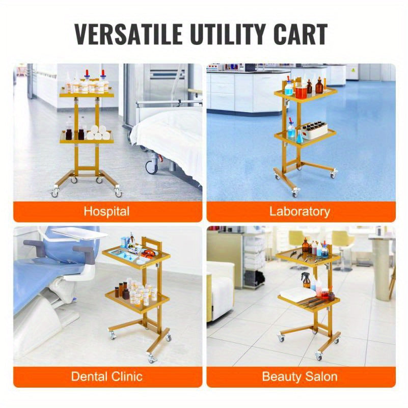 Mobiele Trolley – Labwagen – Werkwagen – Servicekar – Transportkar – Roestvrij Staal Heavy-Duty – Gouden Afwerking – Twee Etages – Geruisloze Wielen