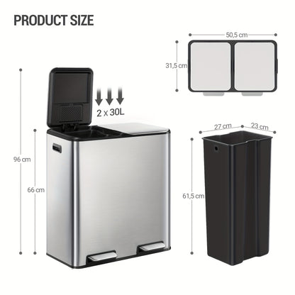 Keukenprullenbak – Afvalbak – Pedaalprullenbak – Afvalscheidingsbak – Prullenbak RVS – 60 Liter 2 Compartimenten – Slow-Close Deksel – Inclusief 15 Afvalzakken