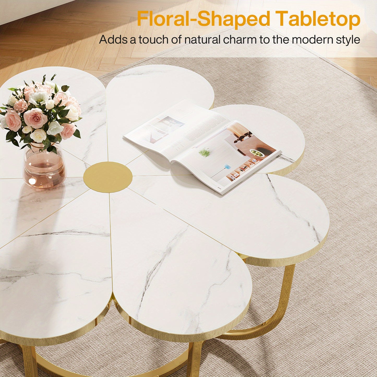 Salontafel – Koffietafel – Lounge Tafeltje – Bijzettafel – Woonkamertafel – Wit Goud – Extra Groot Tafelblad – Ruimtebesparend Metalen Frame