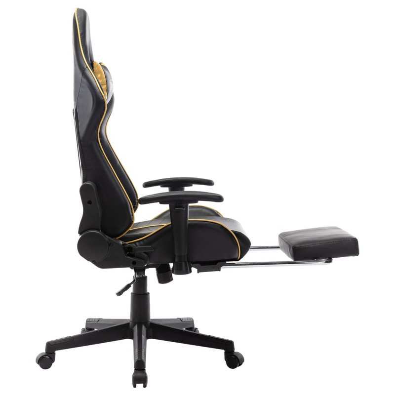 Gaming chair with footrest, black faux leather and gold-colored gaming PC