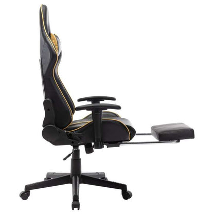 Gaming chair with footrest, black faux leather and gold-colored gaming PC