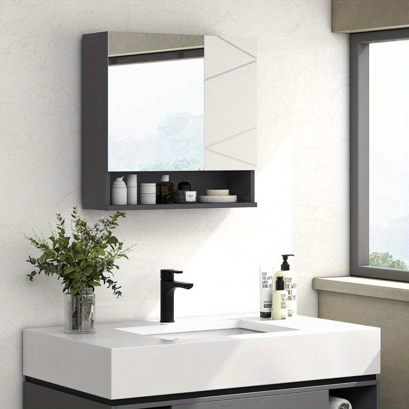 Badkamer Spiegelkast – Spiegelkast Met Opbergruimte – Wandkast Badkamer – Spiegelkast Met Plank – Anti Condens Spiegel – Grijs – 55x17x55 cm – Modern Ruimtebesparend Design