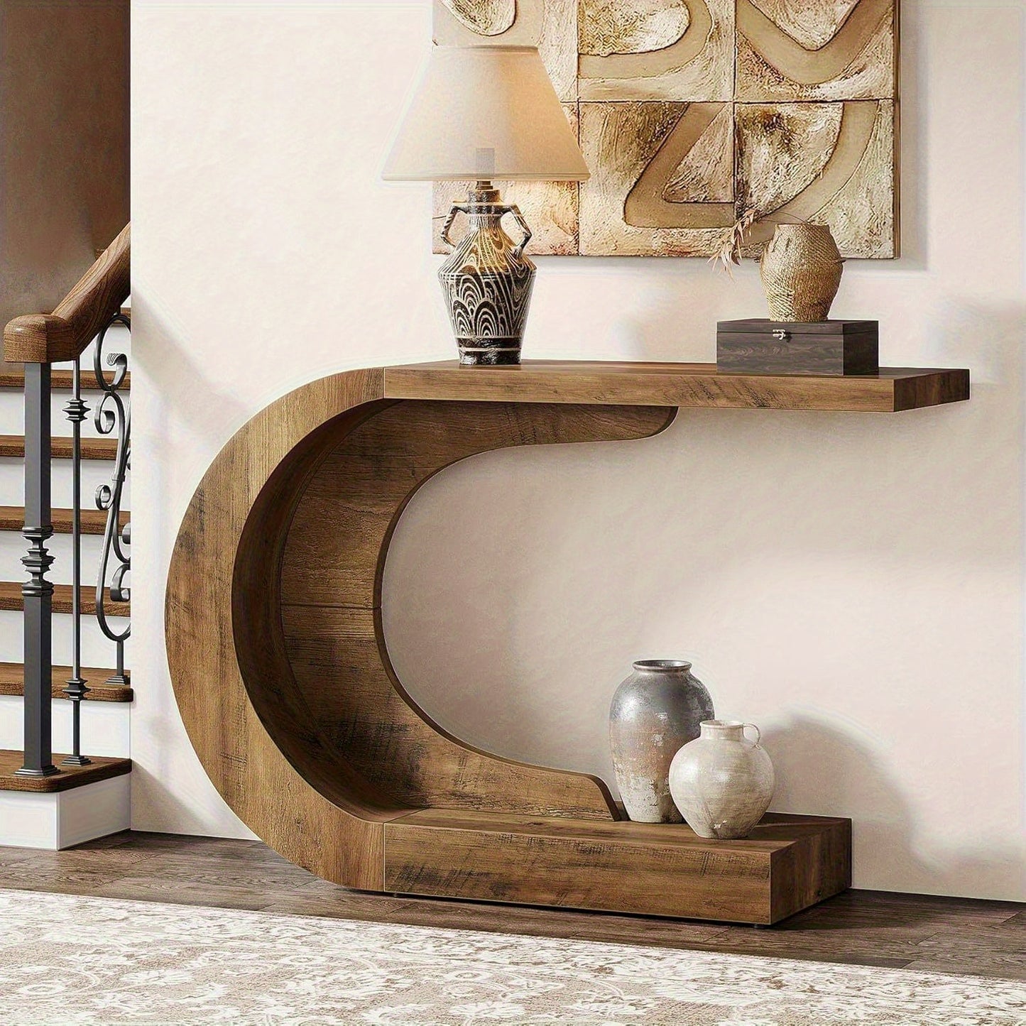 Moderne Sidetable – Haltafel – Consol tafel – Wandtafel – Bijzettafel – Extra Lang 110 cm – Ruimtebesparend C-Vormig Onderstel – Stevige Houtstructuur Bruin
