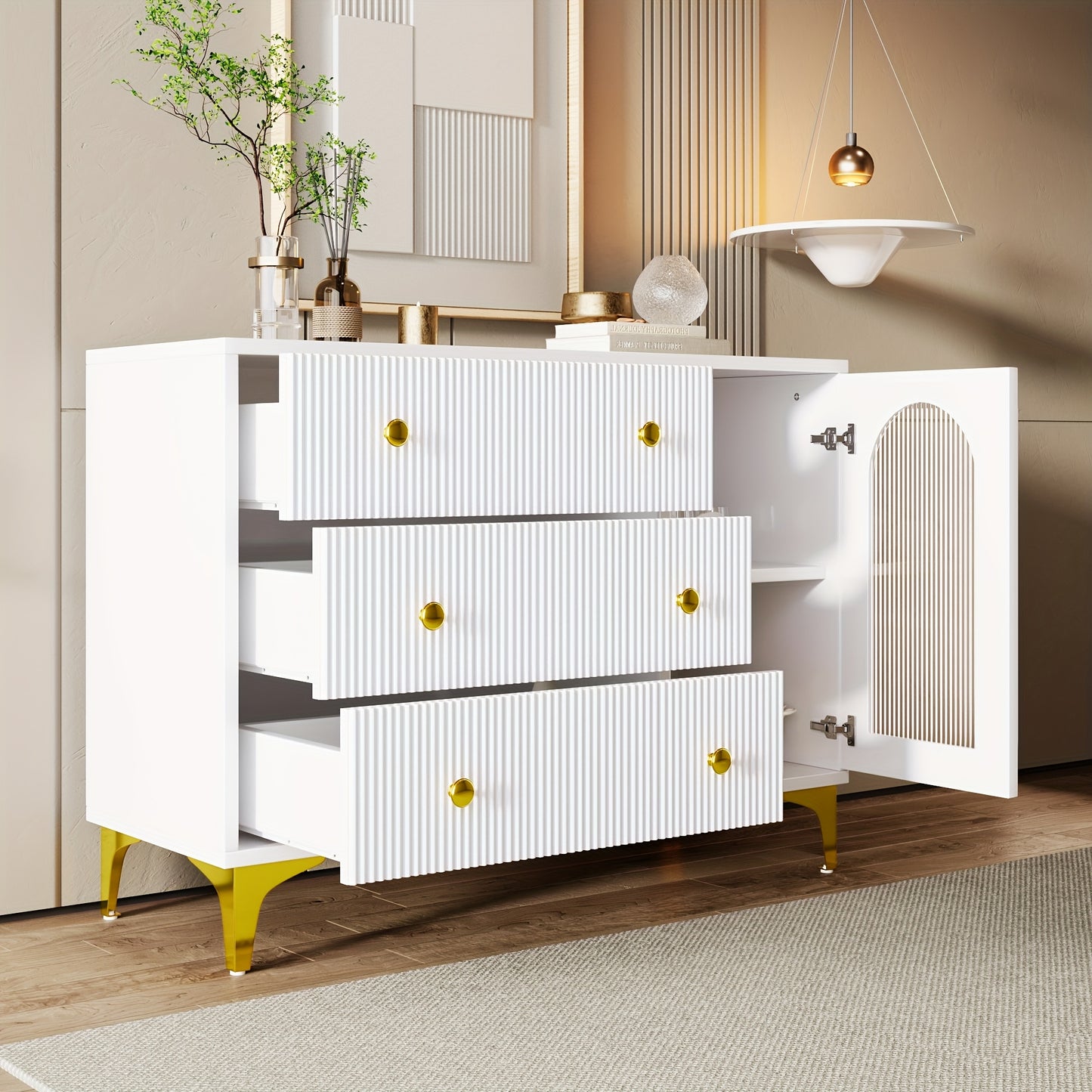 Sideboard – Dressoir – Opbergkast – Kast Met Laden – Sideboard Wit – Hardhout – Glazen Deur – Textuurfront – Gouden Handgrepen – Vrijstaand En Stevig