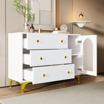 Sideboard – Dressoir – Opbergkast – Kast Met Laden – Sideboard Wit – Hardhout – Glazen Deur – Textuurfront – Gouden Handgrepen – Vrijstaand En Stevig
