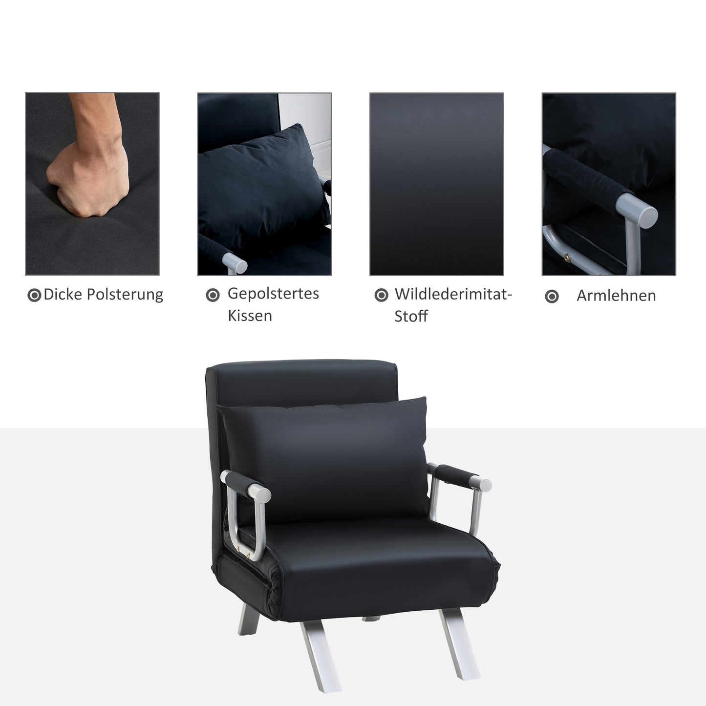 3-in-1 Slaapbank – Bedbank – Logeerbed – Fauteuil – Zitbank – Zwart – Ruimtelijk & Compact – Inclusief Comfortabel Kussen